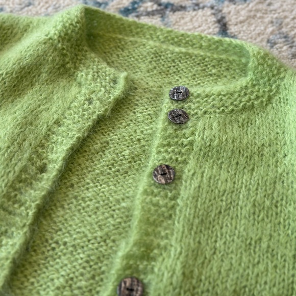 Hand Knitted Lime Green Mohair Cardigan - Button down - Size L - Picture 5 of 7